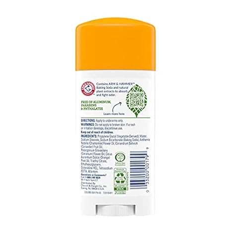 ARM & HAMMER Essentials Deodorant- Orange Citrus- Solid Oval - Made with Natural Deodorizers- Free From Aluminum (Pack of 3)