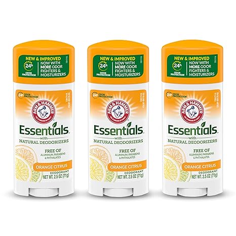 ARM & HAMMER Essentials Deodorant- Orange Citrus- Solid Oval - Made with Natural Deodorizers- Free From Aluminum (Pack of 3)