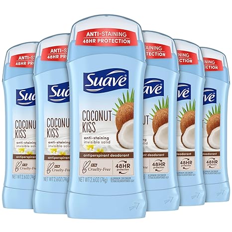 Suave Deodorant for Women, Coconut Kiss – Invisible Solid Antiperspirant Deodorant Stick (Pack of 6)