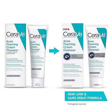 CeraVe Acne Foaming Cream Cleanser | Acne Treatment Face Wash with 4% Benzoyl Peroxide