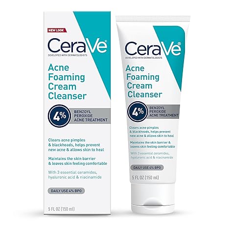 CeraVe Acne Foaming Cream Cleanser | Acne Treatment Face Wash with 4% Benzoyl Peroxide