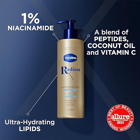 Vaseline Radiant X Even Tone Nourishing Body Lotion With 1% Niacinamide, Coconut Oil, Vitamin C, & Peptides 11 oz